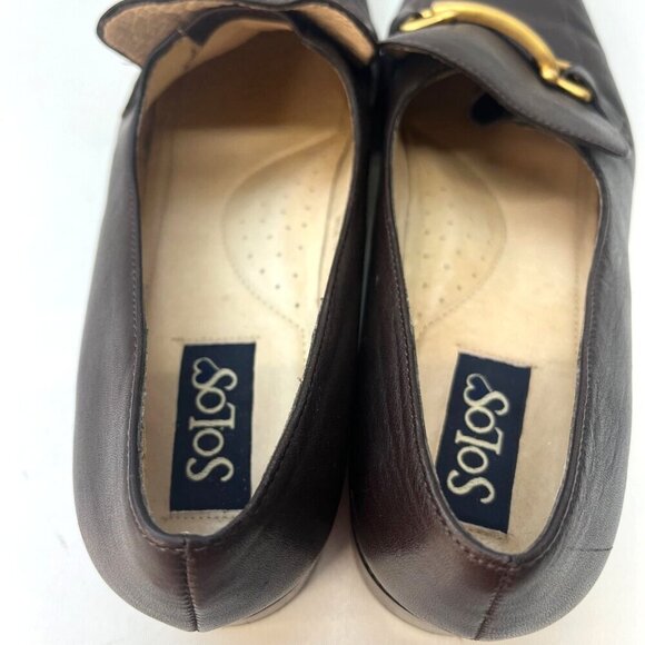 Solos Brown Leather Slip on Ladies Loafers Gold Buckle Size 8.5N - Picture 5 of 9
